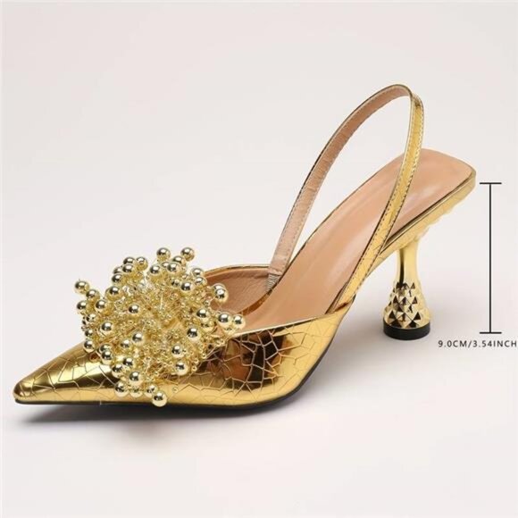 NEW Elegant Golden Beaded & Rhinestone Pointed-Toe Stiletto - Picture 6 of 11